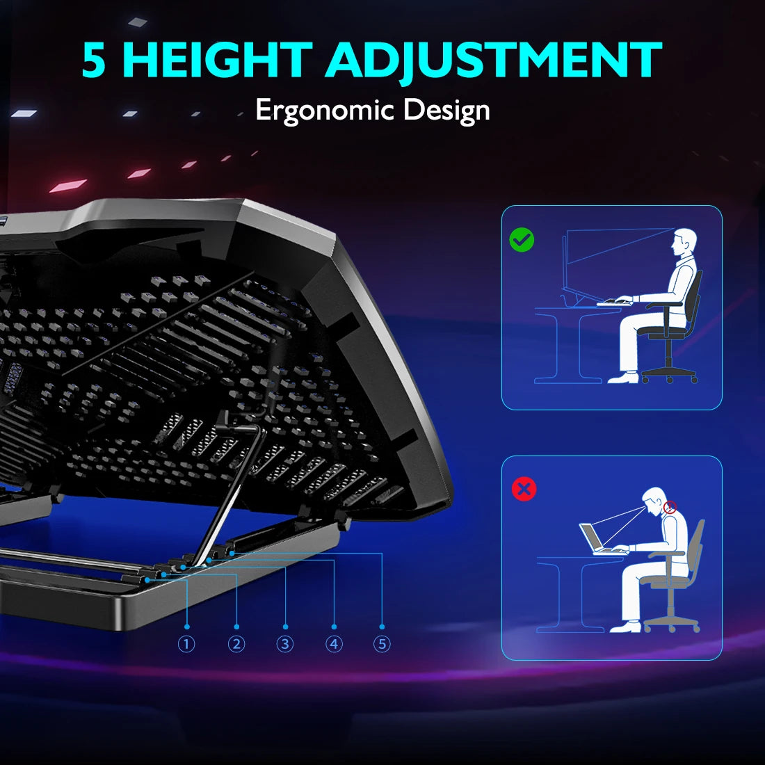 COOLCOLD Laptop Cooling pad for 12-17 Inch Laptop Cooler Stand, 5 quiet fans, 5 Angle Adjustable with phone holder